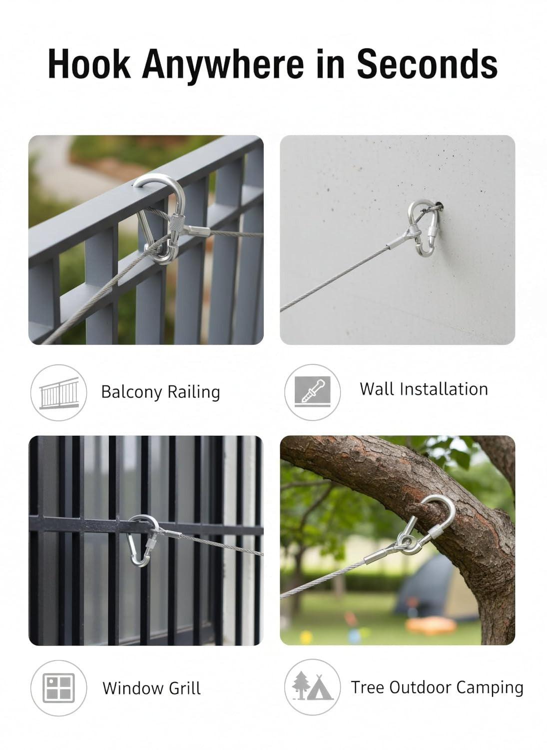 Heavy Duty Stainless Steel Wire | Clothesline with Locking Carabiner Hooks | Rust-Resistant Thick Metal Laundry Drying Cable for Balcony, Terrace, Garden & Home Use (10 Meter)