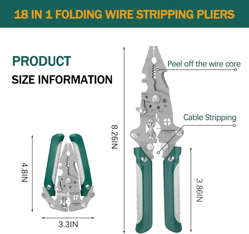 18-in-1 Foldable Wire Stripper & Crimper – Professional Heavy-Duty Cable Cutter, Wire Twister, Splitter  (Green)