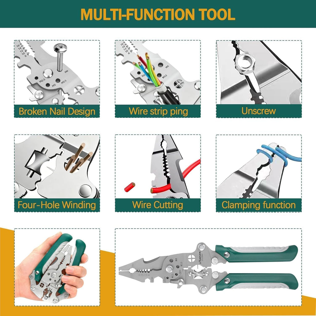 18-in-1 Foldable Wire Stripper & Crimper – Professional Heavy-Duty Cable Cutter, Wire Twister, Splitter  (Green)
