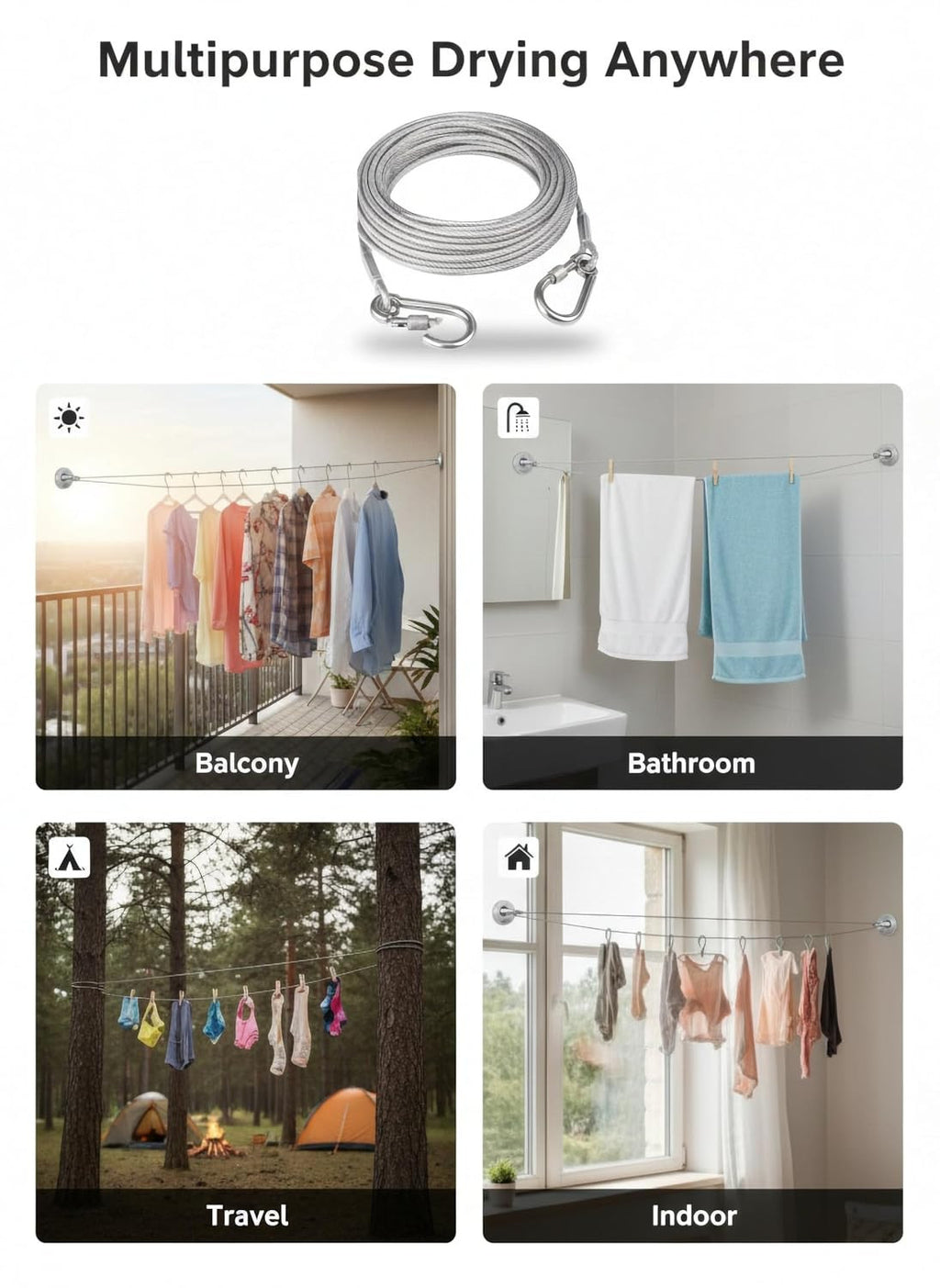 Heavy Duty Stainless Steel Wire | Clothesline with Locking Carabiner Hooks | Rust-Resistant Thick Metal Laundry Drying Cable for Balcony, Terrace, Garden & Home Use (10 Meter)