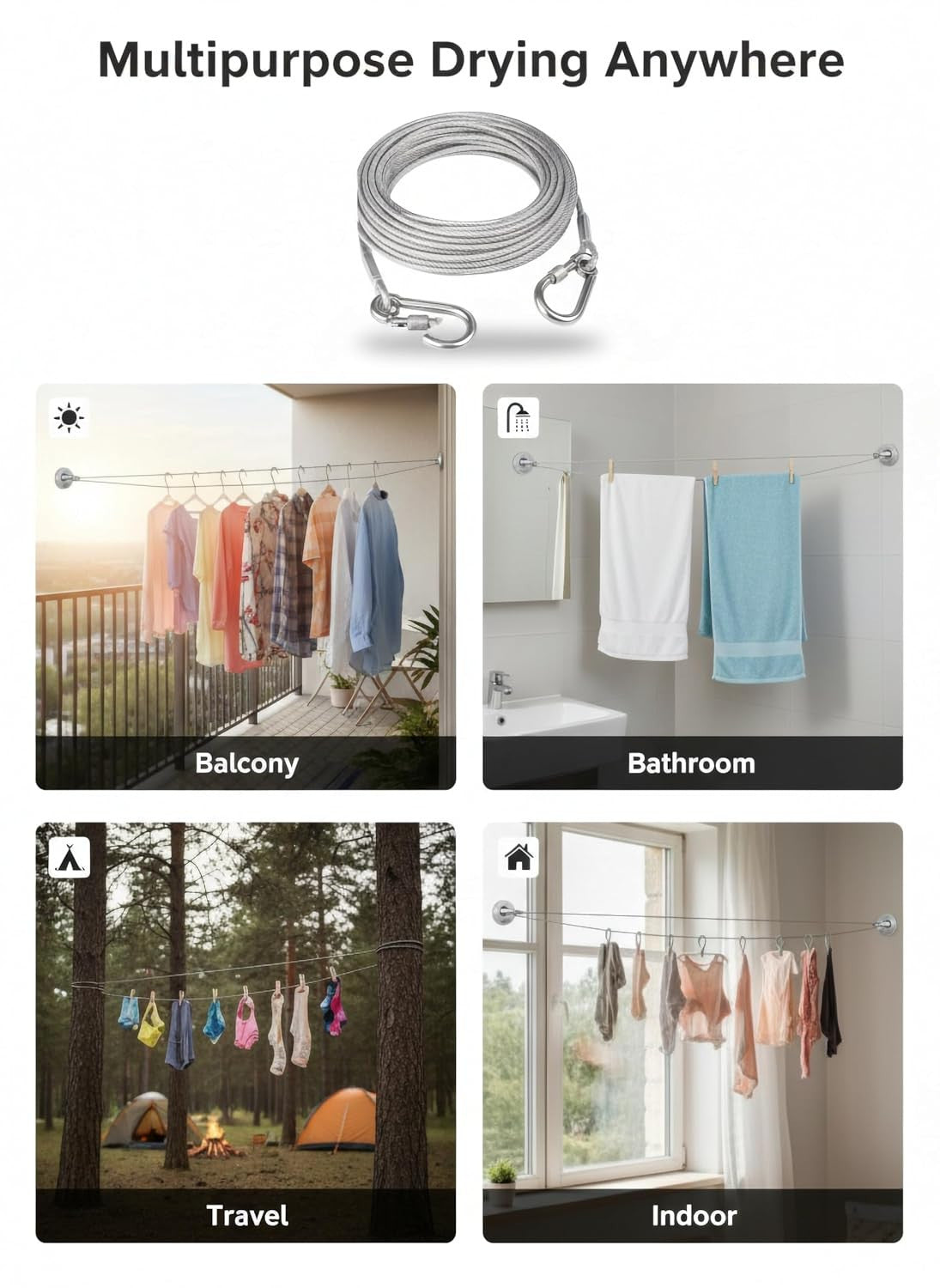 Heavy Duty Stainless Steel Wire | Clothesline with Locking Carabiner Hooks | Rust-Resistant Thick Metal Laundry Drying Cable for Balcony, Terrace, Garden & Home Use (10 Meter)