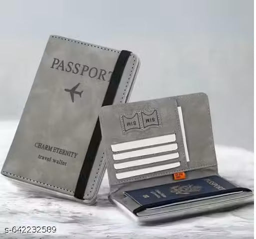 High Quality Leather Passport Holder Travel Wallet | All-in-One Travel Document Organizer Case with SIM Card Slots and credit cards, Elastic Band Closure for Unisex (Grey)